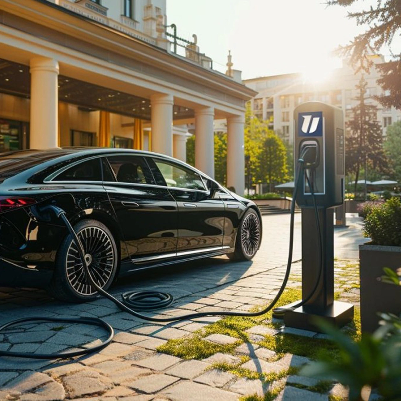 Elektrické auto sa nabíja na verejnej nabíjacej stanici v meste.