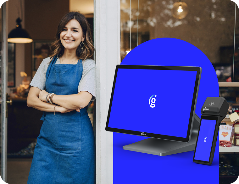 Obchodník stojí vo dverách obchodu vedľa obrazovky s logem Global Payments.
