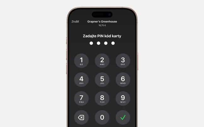 Obrazovka iPhonu při zadávání PINu karty během bezkontaktní platby.
