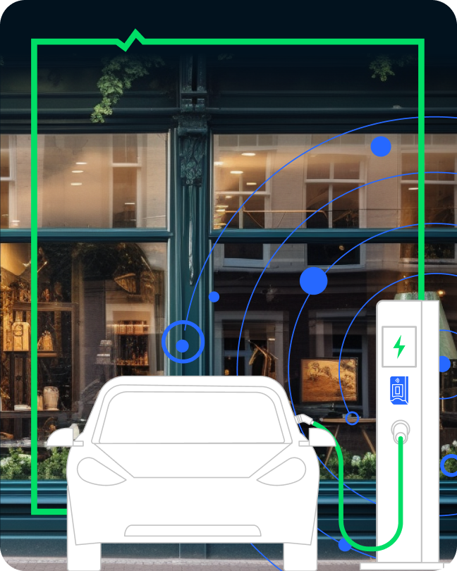 Ilustrácia elektromobilu pripojeného k nabíjacej stanici pred obchodom.